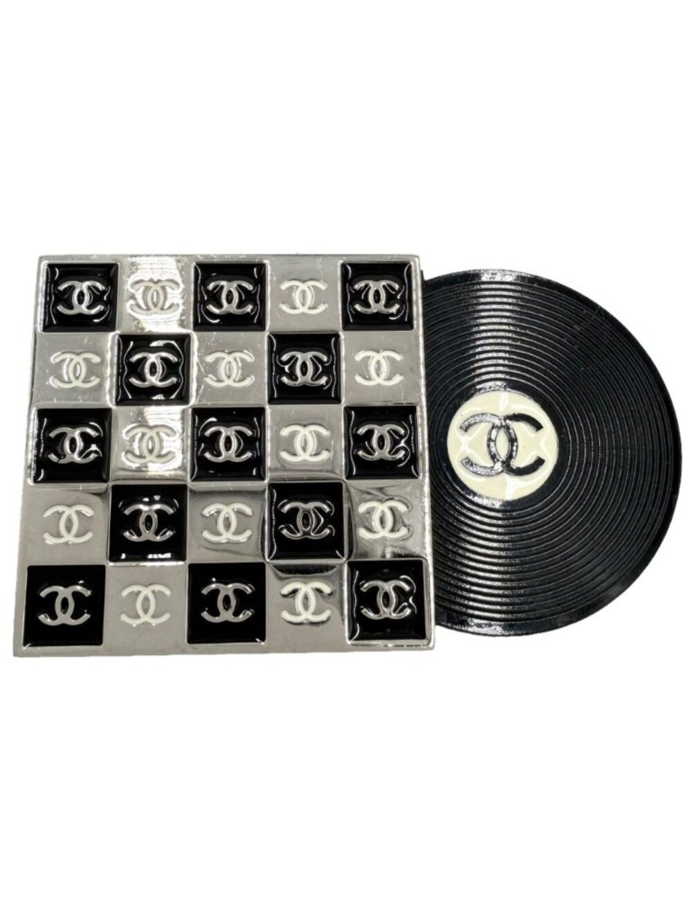 Chanel Brooch CC Logo Record Motif 04P Silver Black
